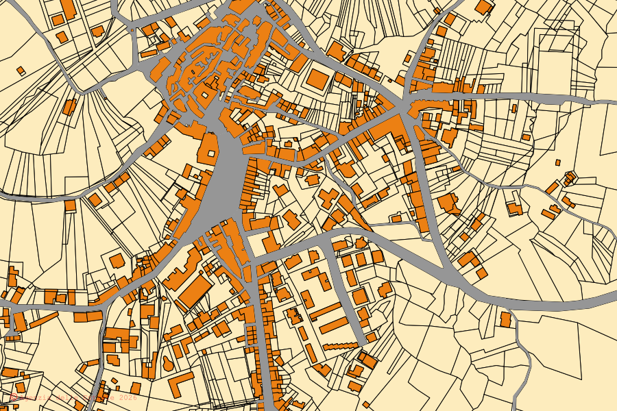 Mappa catastale del centro di Pesco Sannita: particelle e fabbricati, cartografia Agenzia delle Entrate