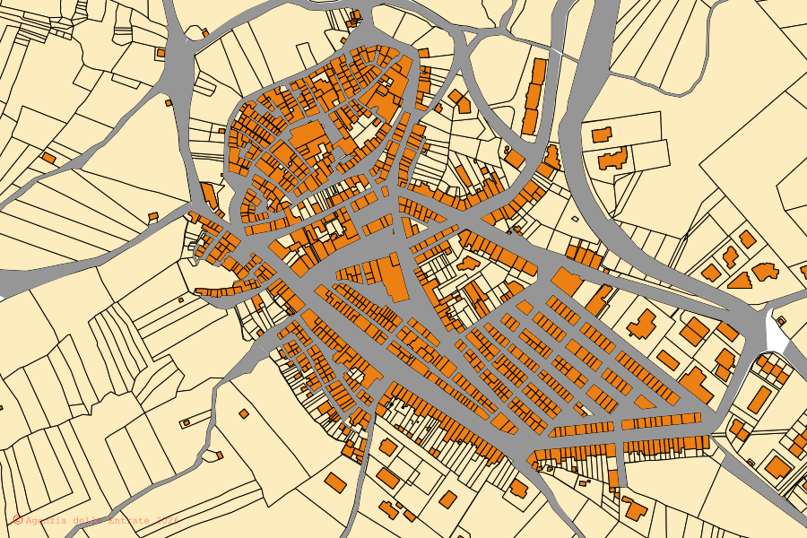 Mappa catastale del centro di Petrella Tifernina: particelle e fabbricati, cartografia Agenzia delle Entrate