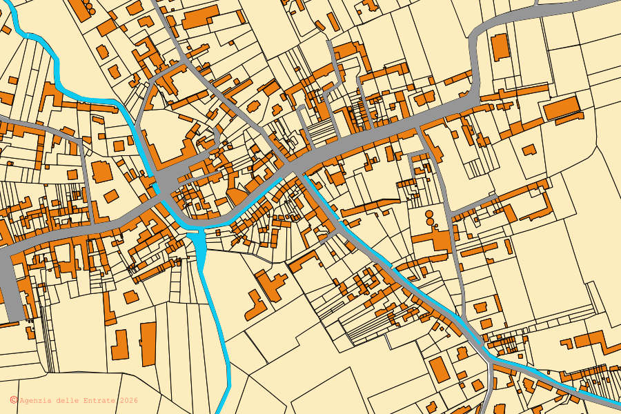 Mappa catastale del centro di Pezzana: particelle e fabbricati, cartografia Agenzia delle Entrate