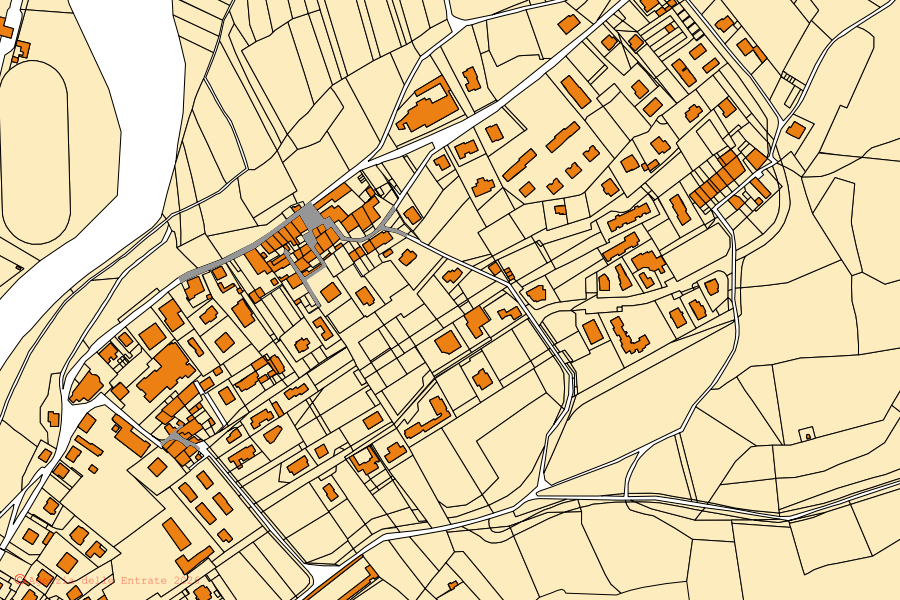 Mappa catastale del centro di Piario: particelle e fabbricati, cartografia Agenzia delle Entrate
