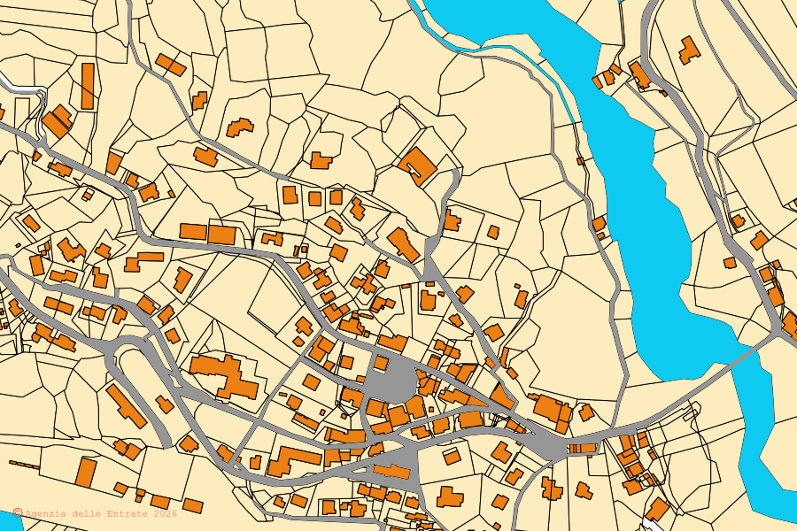 Mappa catastale del centro di Piazza al Serchio: particelle e fabbricati, cartografia Agenzia delle Entrate