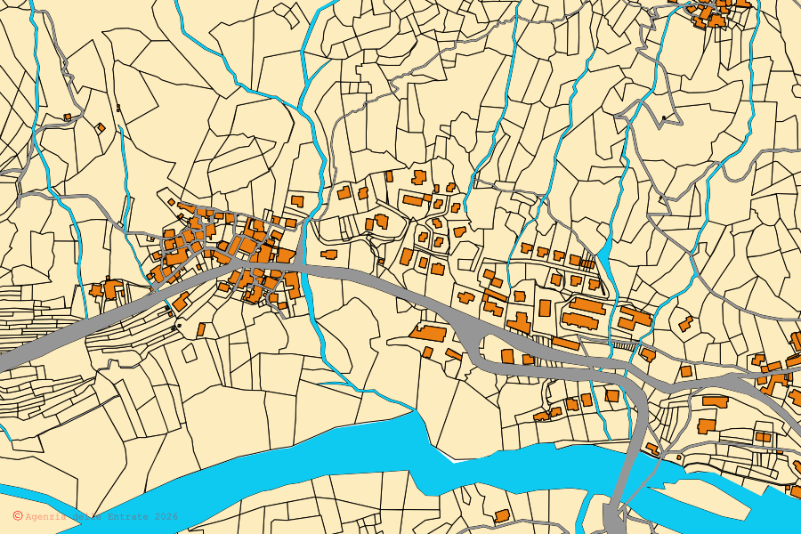 Mappa catastale del centro di Pila: particelle e fabbricati, cartografia Agenzia delle Entrate