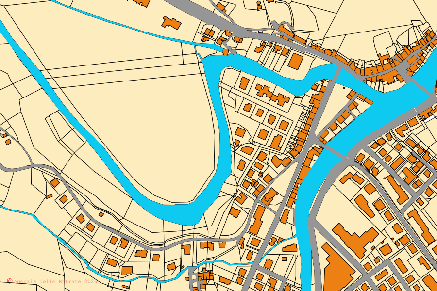 Mappa catastale del centro di Piobbico: particelle e fabbricati, cartografia Agenzia delle Entrate