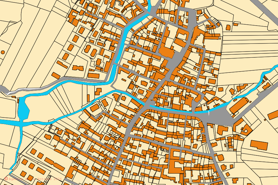 Mappa catastale del centro di Piobesi Torinese: particelle e fabbricati, cartografia Agenzia delle Entrate