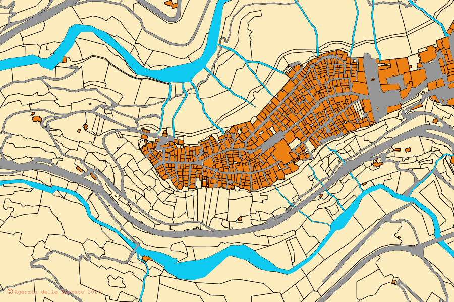 Mappa catastale del centro di Pitigliano: particelle e fabbricati, cartografia Agenzia delle Entrate