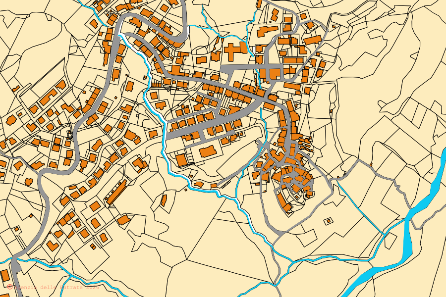 Mappa catastale del centro di Pomarance: particelle e fabbricati, cartografia Agenzia delle Entrate