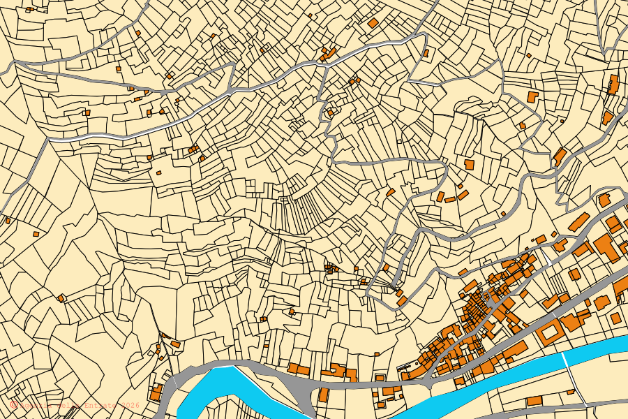 Mappa catastale del centro di Pomaretto: particelle e fabbricati, cartografia Agenzia delle Entrate