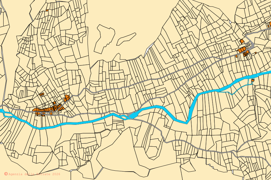 Mappa catastale del centro di Prali: particelle e fabbricati, cartografia Agenzia delle Entrate