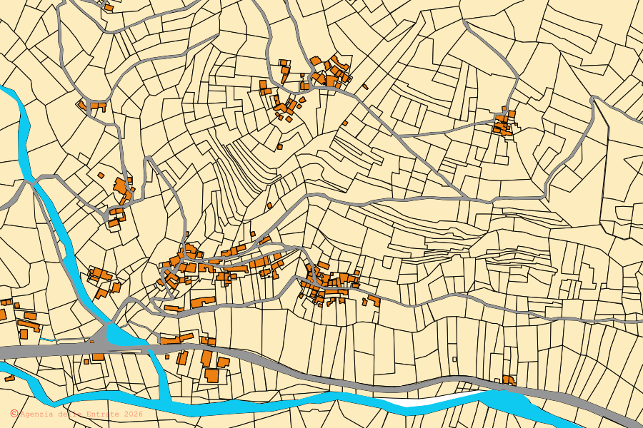 Mappa catastale del centro di Pramollo: particelle e fabbricati, cartografia Agenzia delle Entrate