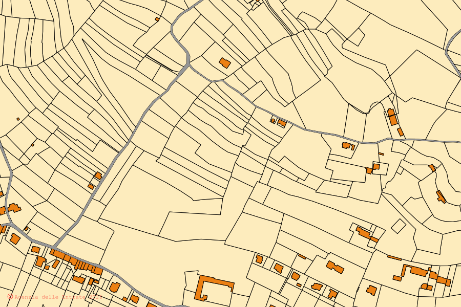 Mappa catastale del centro di Priero: particelle e fabbricati, cartografia Agenzia delle Entrate