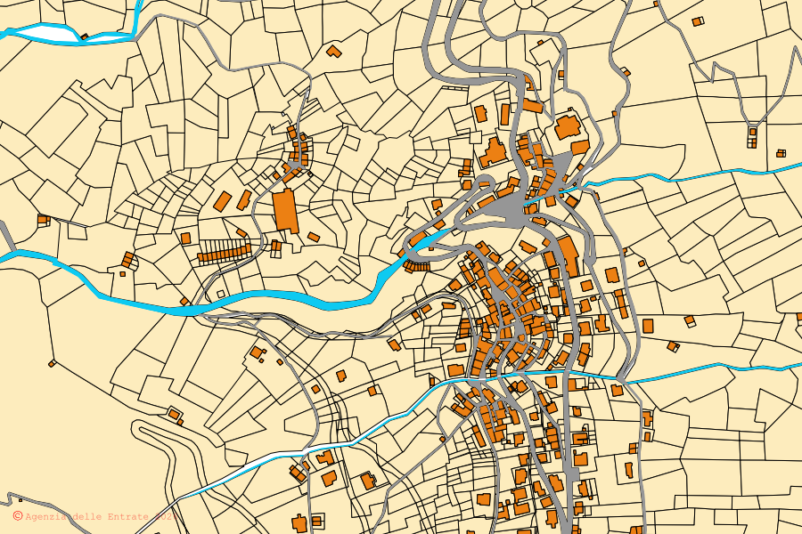 Mappa catastale del centro di Rasura: particelle e fabbricati, cartografia Agenzia delle Entrate