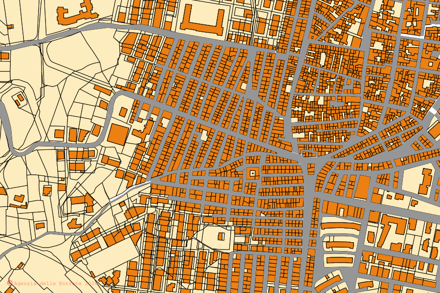 Mappa catastale del centro di Riesi: particelle e fabbricati, cartografia Agenzia delle Entrate