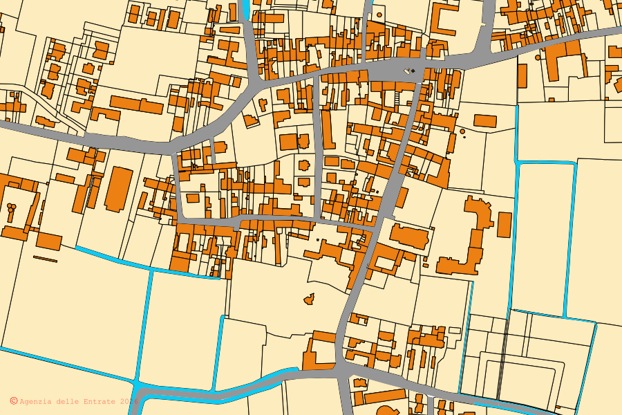 Mappa catastale del centro di Rivarolo del Re ed Uniti: particelle e fabbricati, cartografia Agenzia delle Entrate