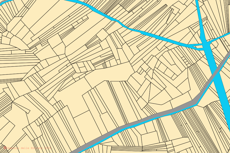 Mappa catastale del centro di Rocca di Cambio: particelle e fabbricati, cartografia Agenzia delle Entrate