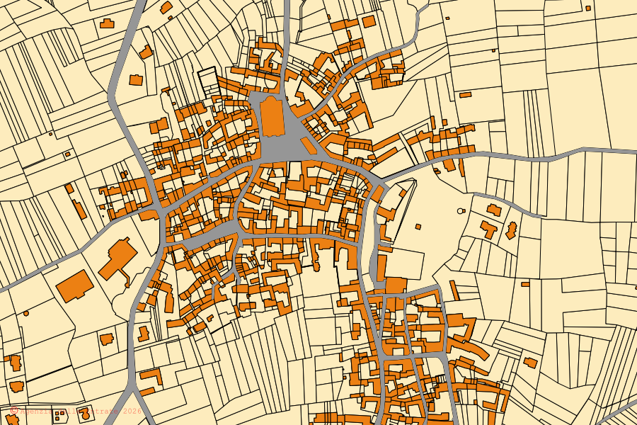 Mappa catastale del centro di Romano Canavese: particelle e fabbricati, cartografia Agenzia delle Entrate