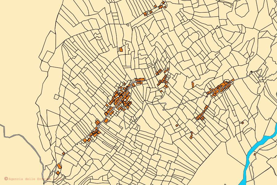 Mappa catastale del centro di Ronco Canavese: particelle e fabbricati, cartografia Agenzia delle Entrate