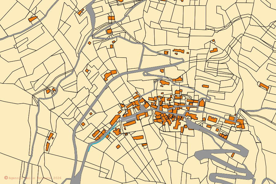 Mappa catastale del centro di Rorà: particelle e fabbricati, cartografia Agenzia delle Entrate
