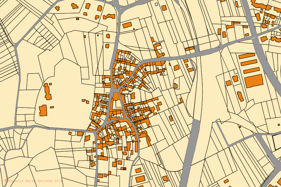 Mappa catastale del centro di Salerano Canavese: particelle e fabbricati, cartografia Agenzia delle Entrate