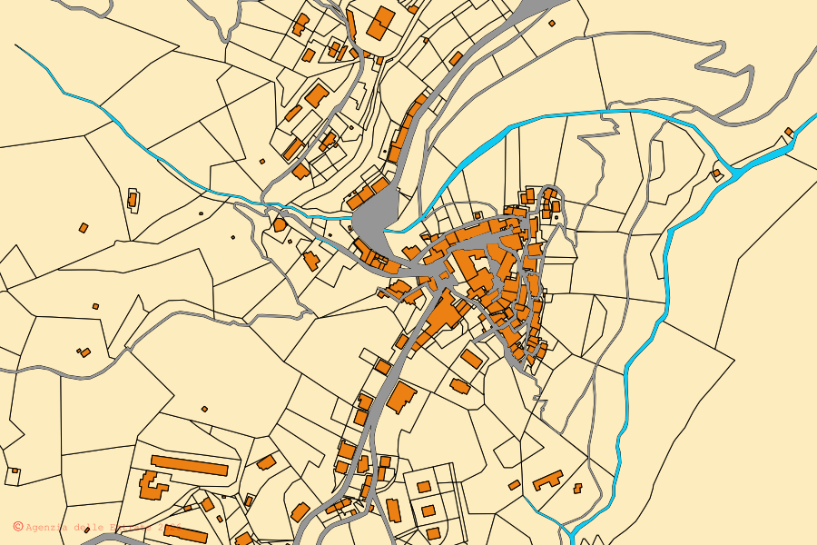 Mappa catastale del centro di Sassetta: particelle e fabbricati, cartografia Agenzia delle Entrate
