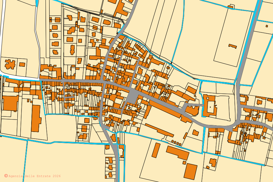 Mappa catastale del centro di Scandolara Ripa d'Oglio: particelle e fabbricati, cartografia Agenzia delle Entrate