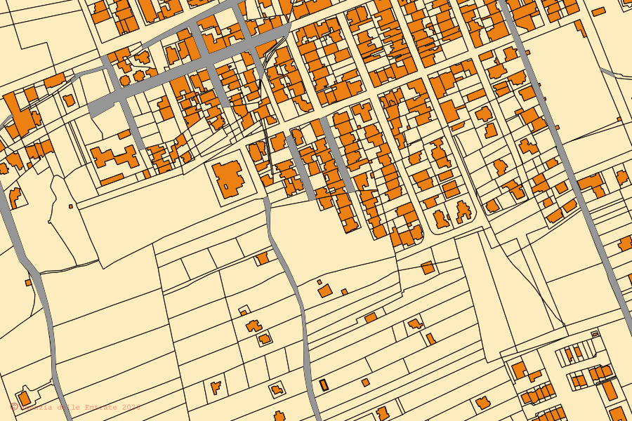 Mappa catastale del centro di Scorrano: particelle e fabbricati, cartografia Agenzia delle Entrate