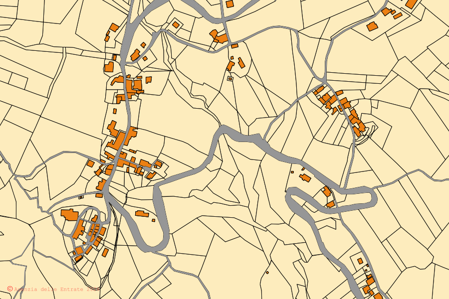 Mappa catastale del centro di Serrapetrona: particelle e fabbricati, cartografia Agenzia delle Entrate
