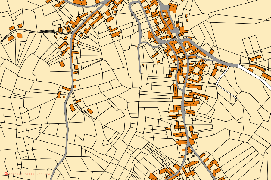 Mappa catastale del centro di Settime: particelle e fabbricati, cartografia Agenzia delle Entrate