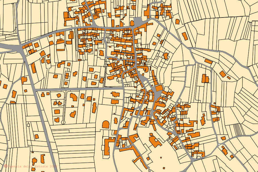 Mappa catastale del centro di Torre Canavese: particelle e fabbricati, cartografia Agenzia delle Entrate