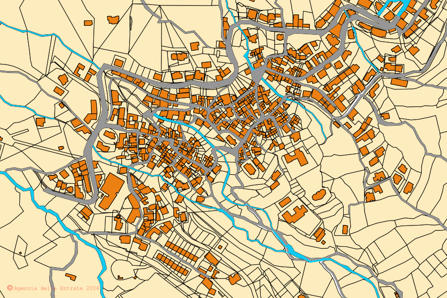 Mappa catastale del centro di Urzulei: particelle e fabbricati, cartografia Agenzia delle Entrate