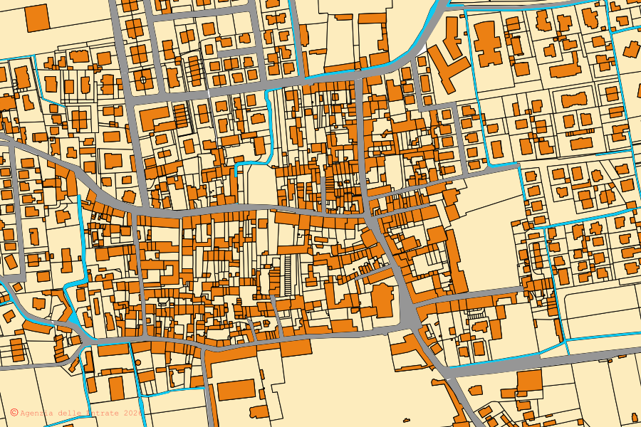 Mappa catastale del centro di Vaiano Cremasco: particelle e fabbricati, cartografia Agenzia delle Entrate