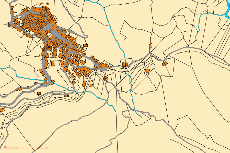 Mappa catastale del centro di Vallepietra: particelle e fabbricati, cartografia Agenzia delle Entrate