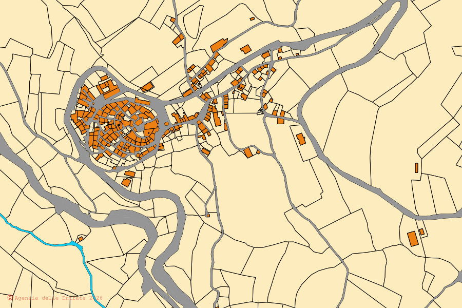 Mappa catastale del centro di Vallo di Nera: particelle e fabbricati, cartografia Agenzia delle Entrate