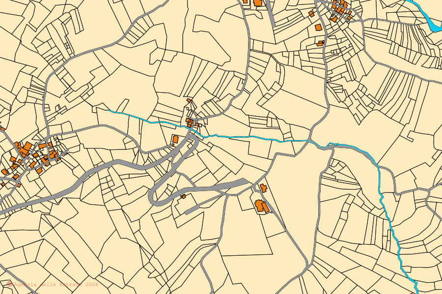 Mappa catastale del centro di Valmozzola: particelle e fabbricati, cartografia Agenzia delle Entrate