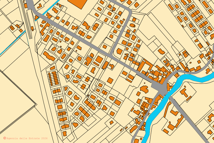 Mappa catastale del centro di Villanova sull'Arda: particelle e fabbricati, cartografia Agenzia delle Entrate