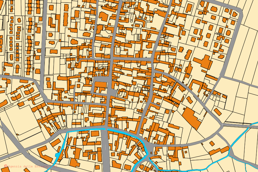 Mappa catastale del centro di Volvera: particelle e fabbricati, cartografia Agenzia delle Entrate